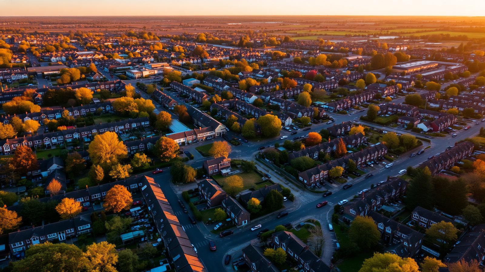 Aerial view of Epping residential streets and rooftops in Essex — J&Co Contractors coverage area